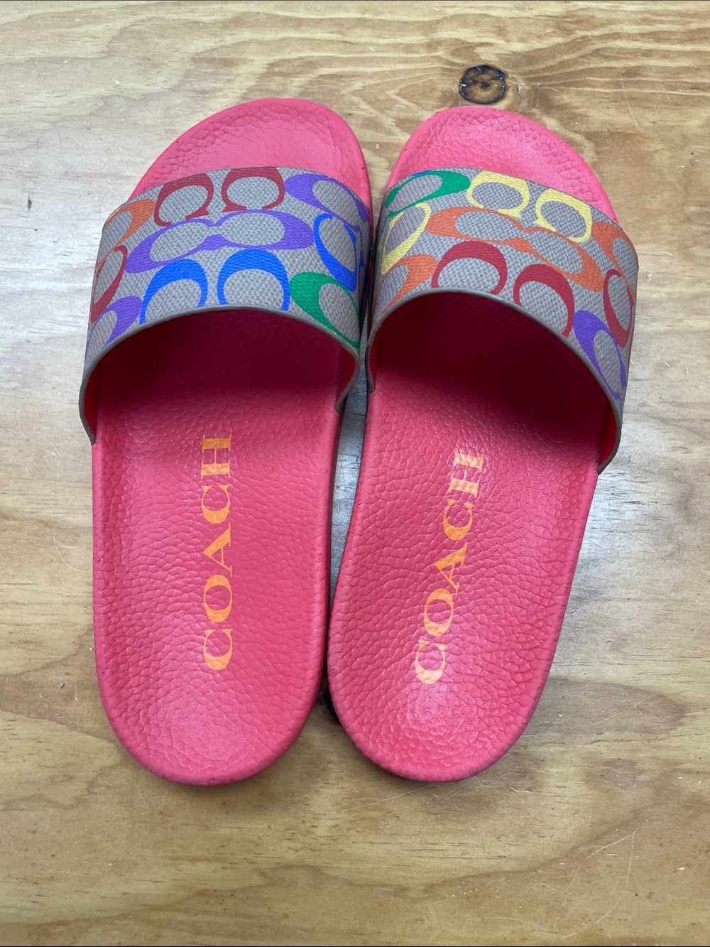 COACH Pink Slide Sandals with Multicolor Signature Strap